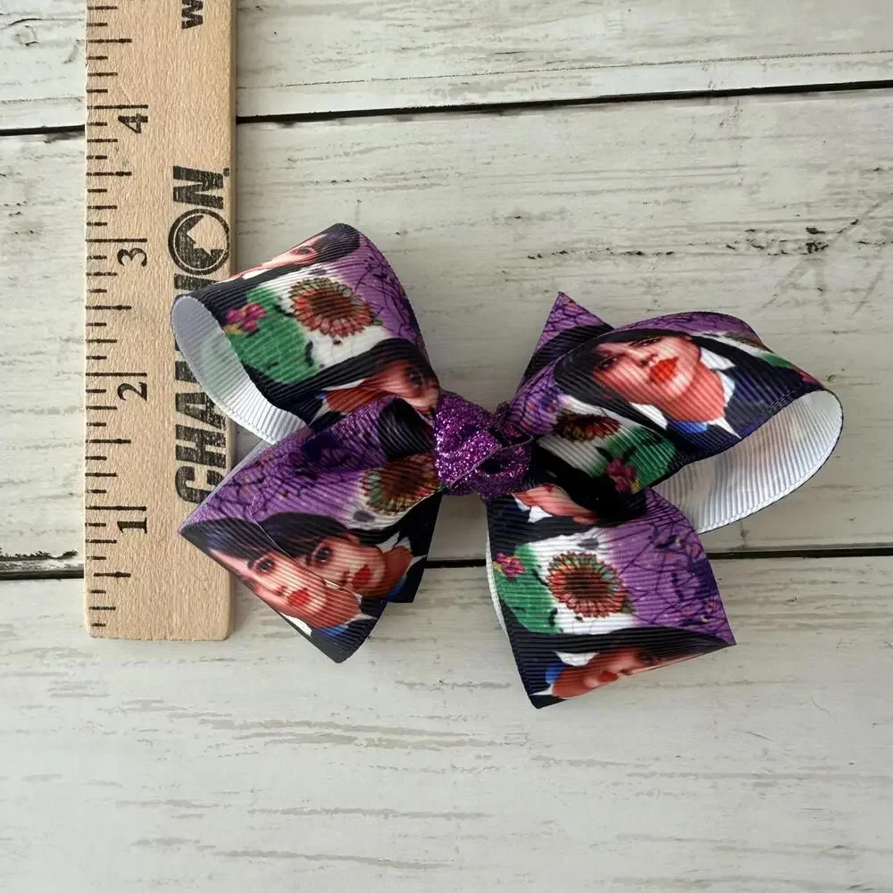 Handmade Wednesday Addams Purple Hair Bow Glitter Center 4.5” Clip Goth